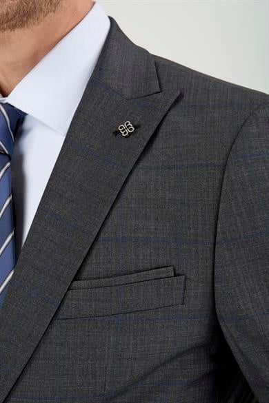 Erkek Slim Fit Sivri Yaka Gri Ekose Kombin Yelekli Takım Elbise
