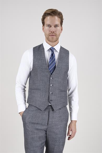Erkek Slim Fit Sivri Yaka Lacivert Ekose Yelekli Kombin Takım Elbise