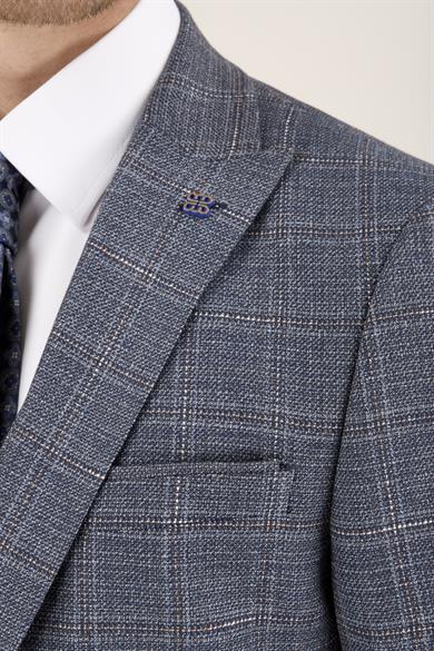 Erkek Slim Fit Sivri Yaka Lacivert Ekose Kombin Yelekli Takım Elbise