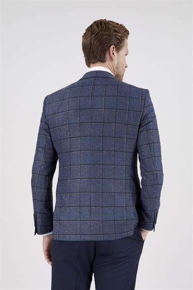 Erkek Slim Fit Sivri Yaka Lacivert Ekose Yelekli Kombin Takım Elbise
