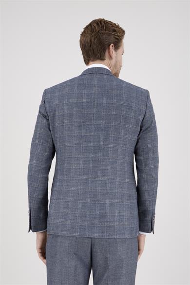 Erkek Slim Fit Sivri Yaka Lacivert Ekose Kombin Yelekli Takım Elbise