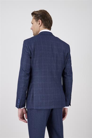 Erkek Slim Fit Sivri Yaka Açık Gri Ekose Kombin Yelekli Takım Elbise