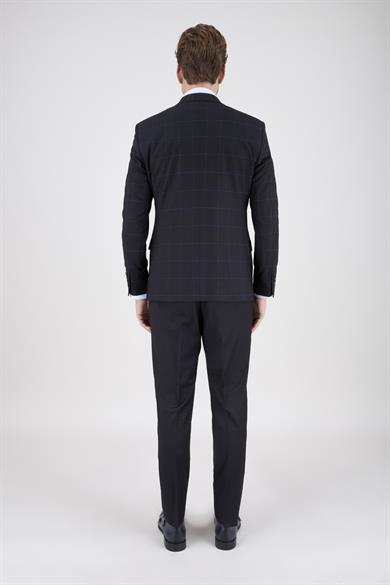 Erkek Slim Fit Sivri Yaka Siyah Ekose Kombin Yelekli Takım Elbise