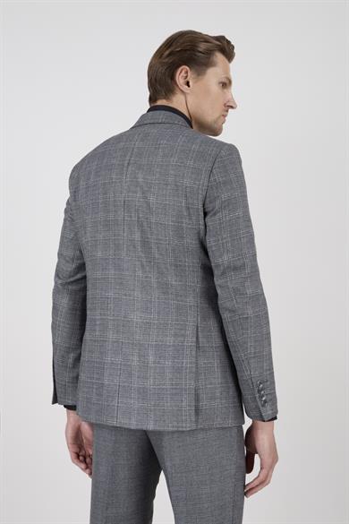 Erkek Slim Fit Sivri Yaka Açık Gri Ekose Yelekli Kombin Takım Elbise