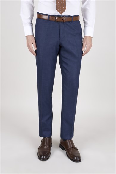 Erkek Slim Fit Sivri Yaka Ekose Yelekli Koyu Mavi Kombin Takım Elbise