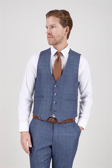 Erkek Slim Fit Sivri Yaka Açık Mavi Ekose Kombin Yelekli Takım Elbise