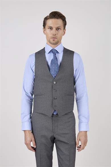 Erkek Slim Fit Sivri Yaka Füme Yelekli Takım Elbise
