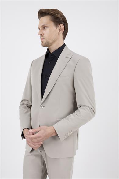 Erkek Slim Fit Sivri Yaka Koyu Bej Puntolu Kapak Cepli Yarım Astar Takım Elbise