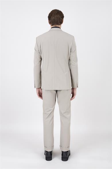 Erkek Slim Fit Sivri Yaka Koyu Bej Puntolu Kapak Cepli Yarım Astar Takım Elbise