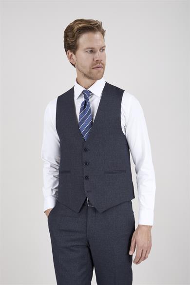 Erkek Slim Fit Sivri Yaka Koyu Gri Yelekli Takım Elbise
