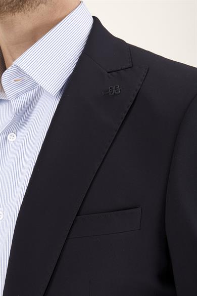 Erkek Slim Fit Sivri Yaka Koyu Lacivert Puntolu Kapak Cepli Yarım Astar Takım Elbise