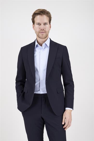 Erkek Slim Fit Sivri Yaka Koyu Lacivert Puntolu Kapak Cepli Yarım Astar Takım Elbise
