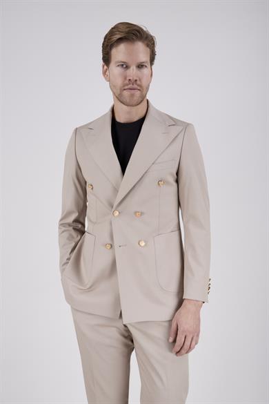 Erkek Slim Fit Sivri Yaka Bej Kruvaze Takım Elbise