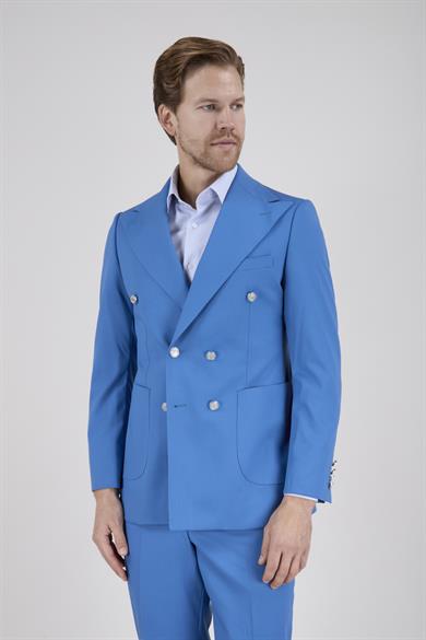 Erkek Slim Fit Sivri Yaka Mavi Kruvaze Takım Elbise