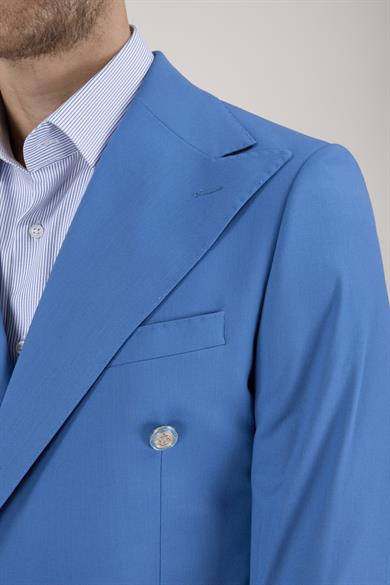 Erkek Slim Fit Sivri Yaka Mavi Kruvaze Takım Elbise