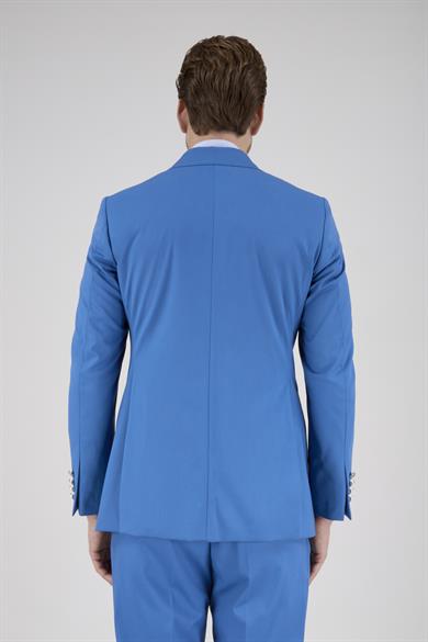 Erkek Slim Fit Sivri Yaka Mavi Kruvaze Takım Elbise