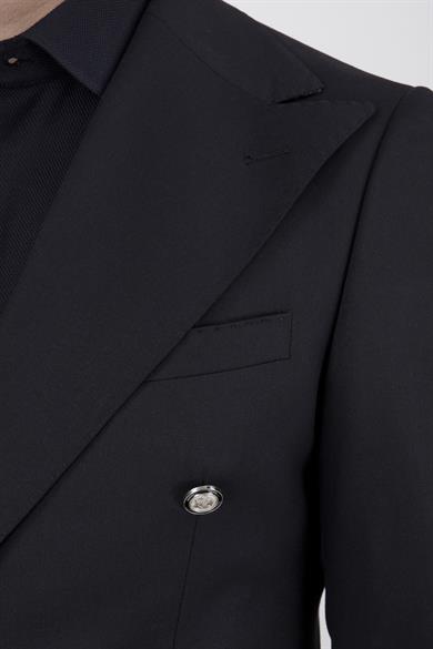 Erkek Slim Fit Sivri Yaka Kruvaze Siyah Takım Elbise