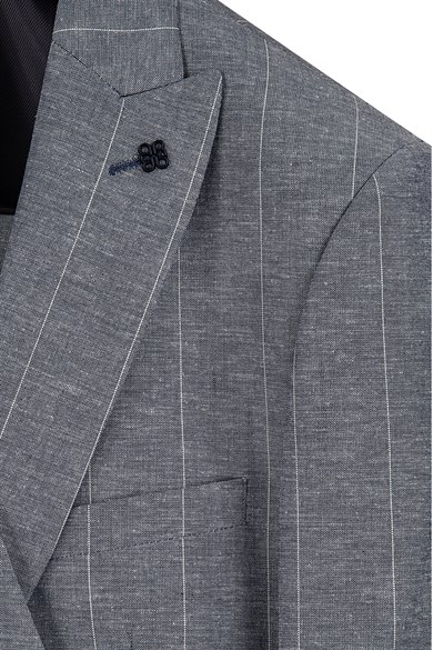 Erkek Slim Fit Sivri Yaka Lacivert Çizgili Yelekli Takım Elbise