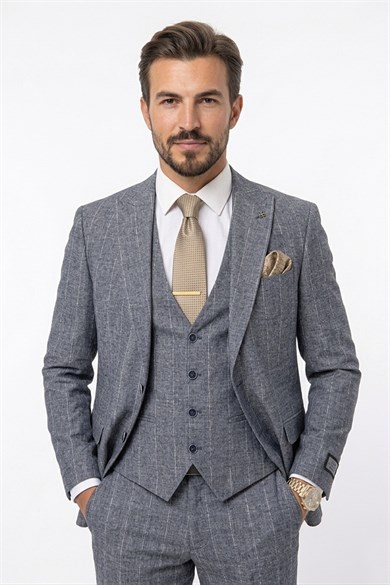 Erkek Slim Fit Sivri Yaka Lacivert Çizgili Yelekli Takım Elbise