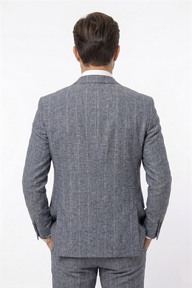 Erkek Slim Fit Sivri Yaka Lacivert Çizgili Yelekli Takım Elbise