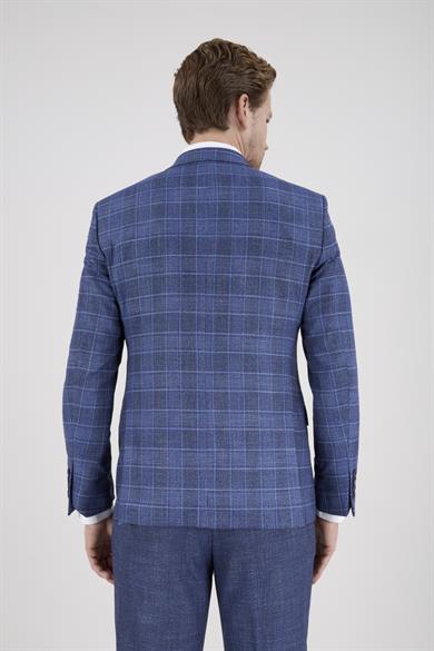Erkek Slim Fit Sivri Yaka Lacivert Ekose Kombin Yelekli Takım Elbise