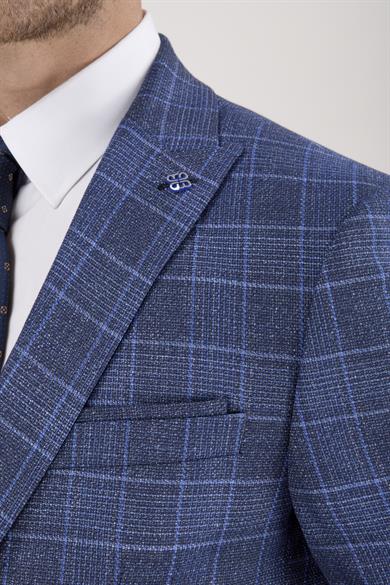 Erkek Slim Fit Sivri Yaka Lacivert Ekose Kombin Yelekli Takım Elbise