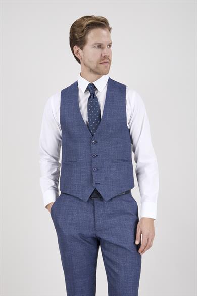 Erkek Slim Fit Sivri Yaka Lacivert Ekose Kombin Yelekli Takım Elbise