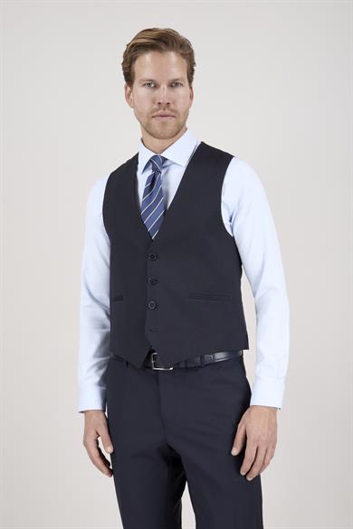 Erkek Slim Fit Sivri Yaka Lacivert Kombin Yelekli Takım Elbise