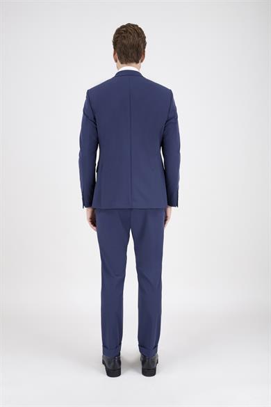 Erkek Slim Fit Sivri Yaka Lacivert Puntolu Kapak Cepli Yarım Astar Takım Elbise