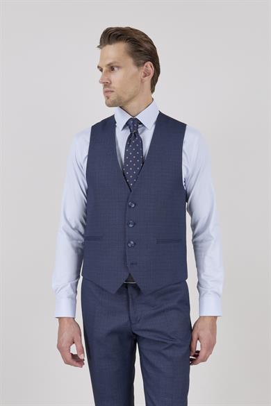 Erkek Slim Fit Sivri Yaka Lacivert Yelekli Takım Elbise