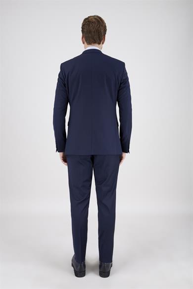 Erkek Slim Fit Sivri Yaka Lacivert 8 Drop Yelekli Takım Elbise