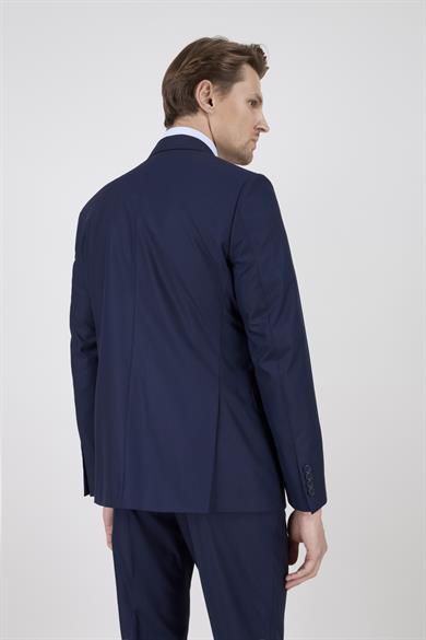 Erkek Slim Fit Sivri Yaka Lacivert Yelekli Takım Elbise