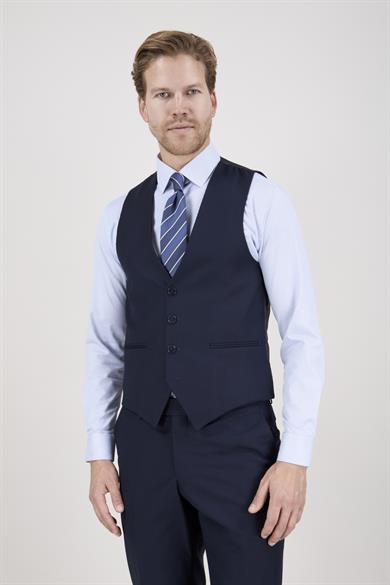 Erkek Slim Fit Sivri Yaka Lacivert 8 Drop Yelekli Takım Elbise
