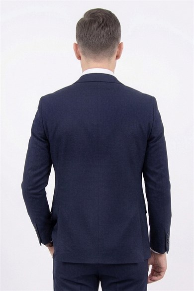 Erkek Slim Fit Sivri Yaka Lacivert Yelekli Takım Elbise