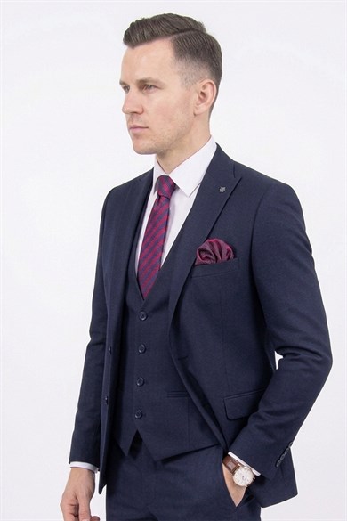 Erkek Slim Fit Sivri Yaka Lacivert Yelekli Takım Elbise