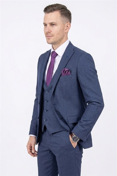 Erkek Slim Fit Sivri Yaka Lacivert Yelekli Takım Elbise