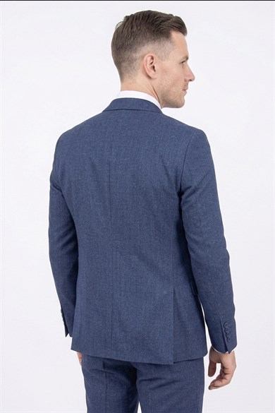 Erkek Slim Fit Sivri Yaka Lacivert Yelekli Takım Elbise