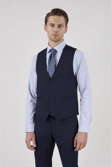 Erkek Slim Fit Sivri Yaka Lacivert Yelekli Takım Elbise