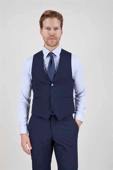 Erkek Slim Fit Sivri Yaka Lacivert Yelekli Takım Elbise