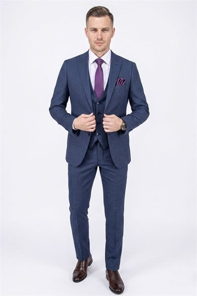 Erkek Slim Fit Sivri Yaka Lacivert Yelekli Takım Elbise