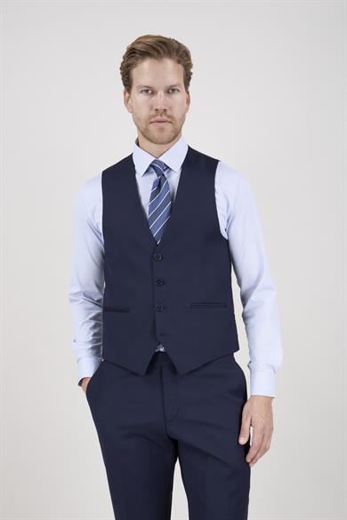 Erkek Slim Fit Sivri Yaka Lacivert 8 Drop Yelekli Takım Elbise