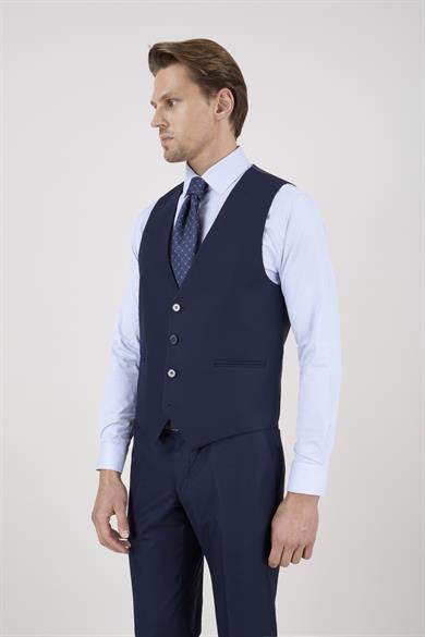 Erkek Slim Fit Sivri Yaka Lacivert Yelekli Takım Elbise