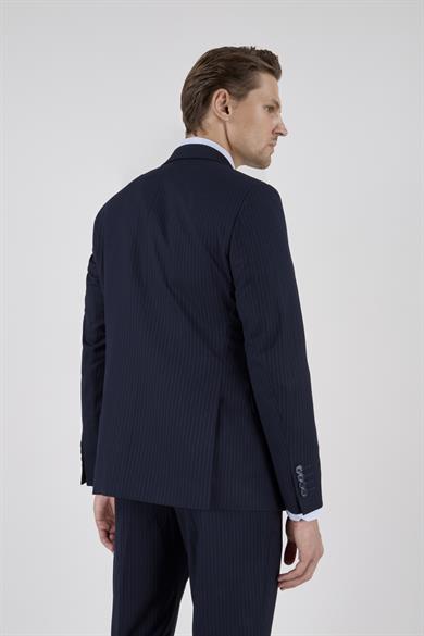 Erkek Slim Fit Sivri Yaka Lacivert Yelekli Takım Elbise