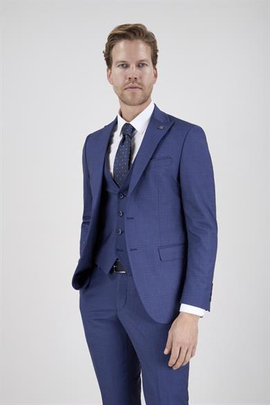 Erkek Slim Fit Sivri Yaka Mavi Kombin Yelekli Takım Elbise