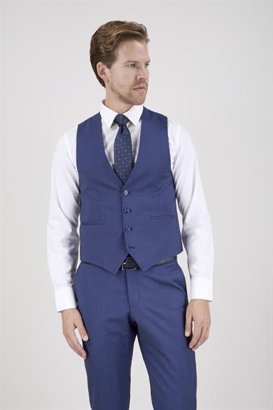 Erkek Slim Fit Sivri Yaka Mavi Kombin Yelekli Takım Elbise