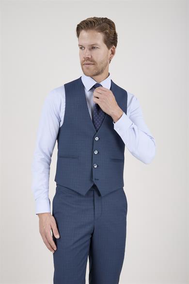 Erkek Slim Fit Sivri Yaka Petrol Yelekli Takım Elbise
