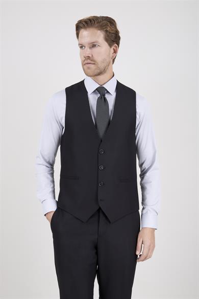 Erkek Slim Fit Sivri Yaka Siyah 8 Drop Yelekli Takım Elbise