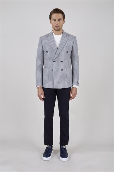 Erkek Slim Fit Sivri Yaka Torba Cep Çizgili Lacivert Kruvaze Ceket