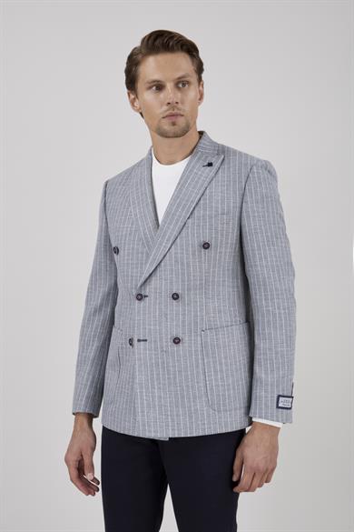 Erkek Slim Fit Sivri Yaka Torba Cep Çizgili Lacivert Kruvaze Ceket