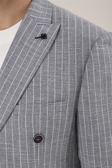Erkek Slim Fit Sivri Yaka Torba Cep Çizgili Lacivert Kruvaze Ceket